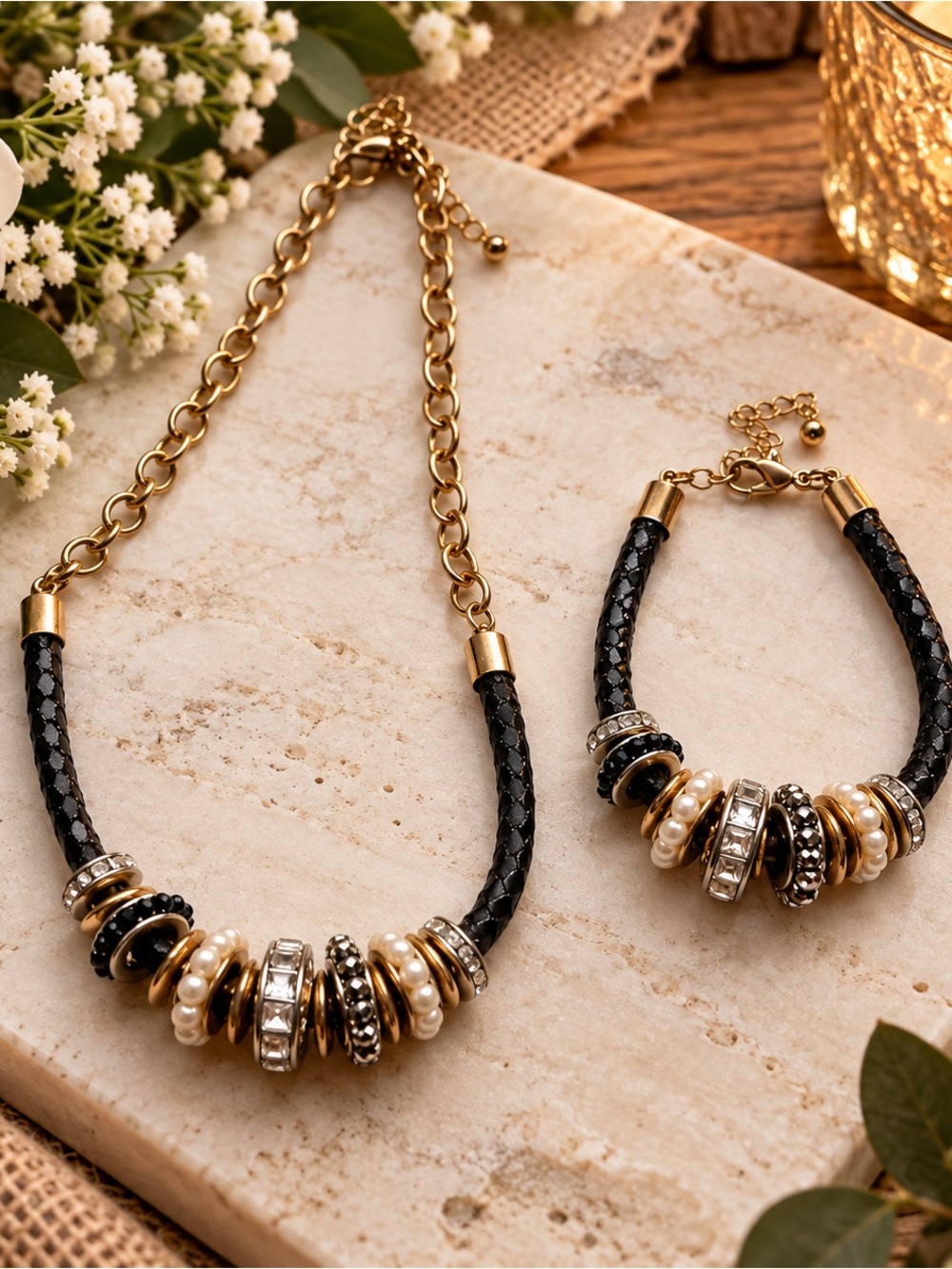 Gold and Black Beaded Statement Necklace and Bracelet Set
